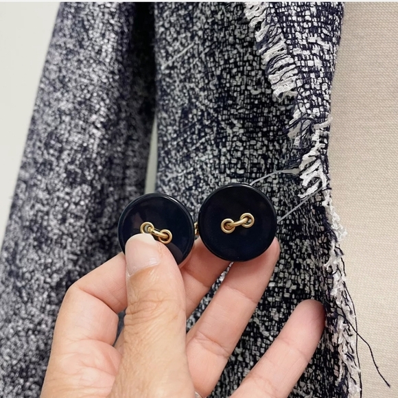 Tweed Fringe Trim Blazer-Navy Blue & White- Timeless Style - Picture 13 of 16